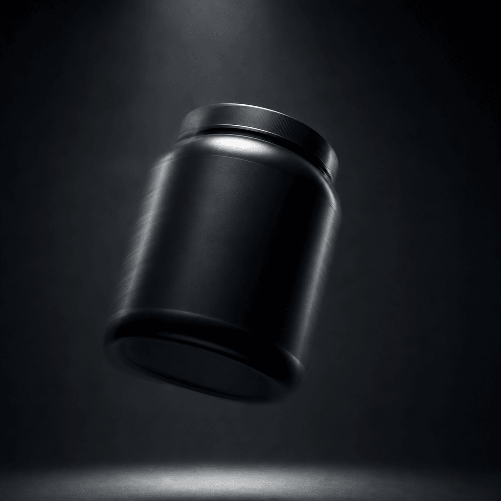 Studio product shot: a sleek matte-black supplement canister frozen mid-arc through the air against deep charcoal. Drama