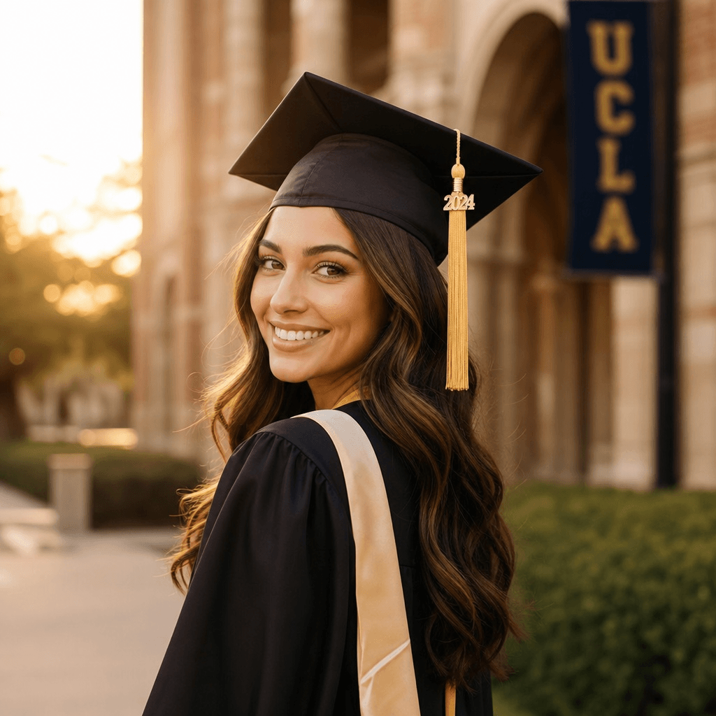 Mature young adult in graduation attire, proud expression, professional photography, warm color palette. Natural beauty