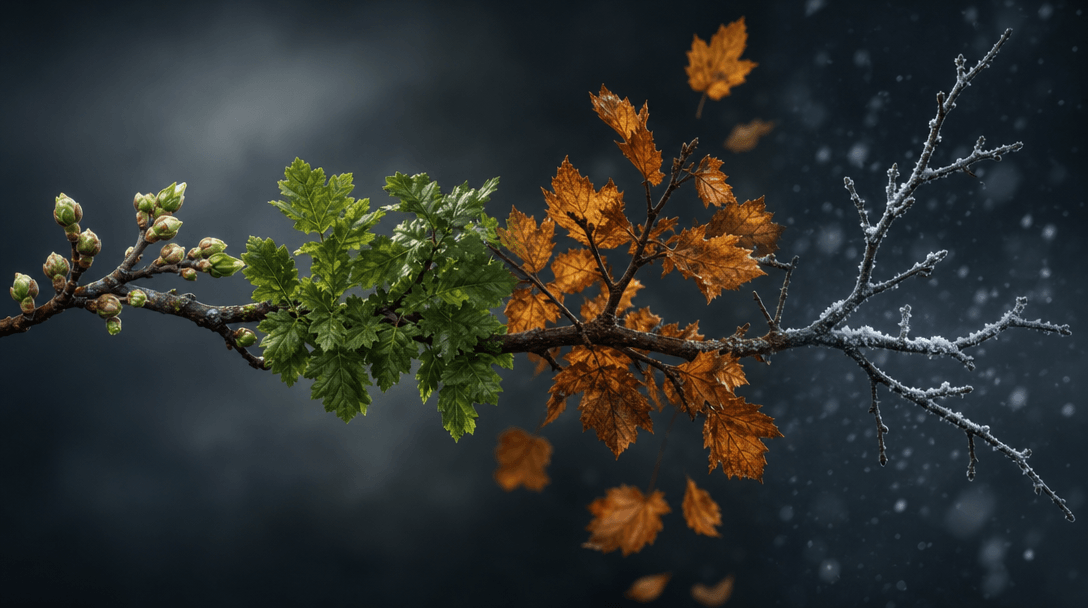 Macro close-up cinematic composition of a single tree branch photographed against a dark sky showing four seasonal state