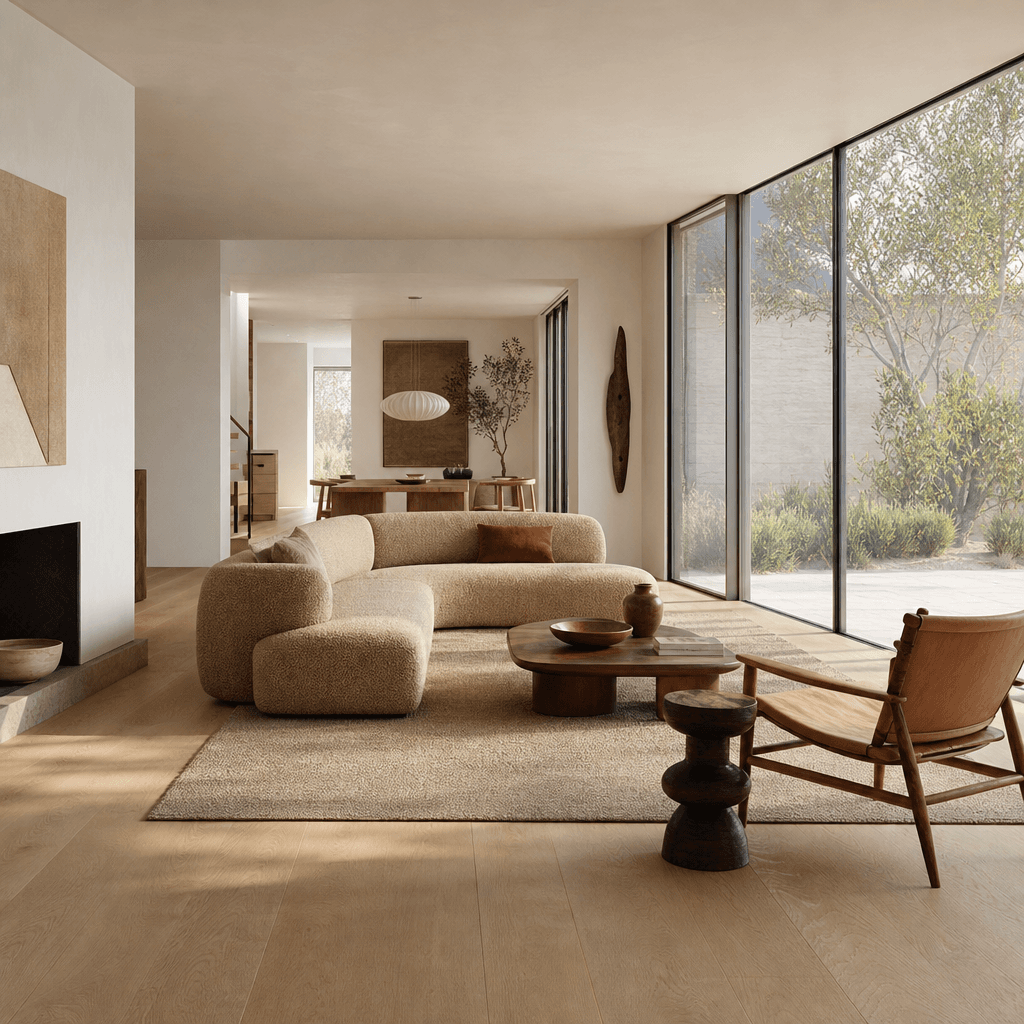 Photorealistic interior render of an open-plan living room. Wide-plank pale oak flooring, smooth white plaster walls, lo