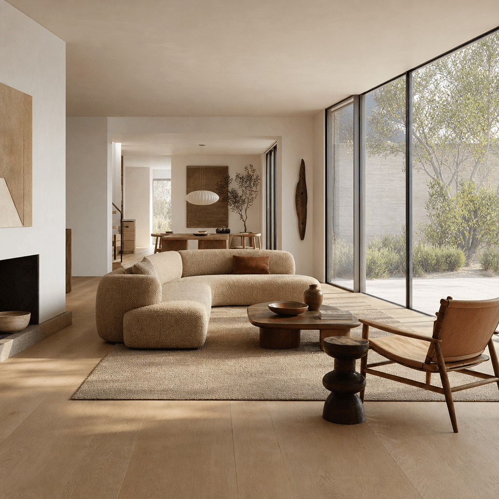 Photorealistic interior render of an open-plan living room. Wide-plank pale oak flooring, smooth white plaster walls, lo