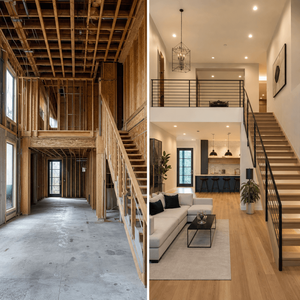 Split-screen before-and-after of luxury home renovation: left side shows bare structural framing and concrete, right sid