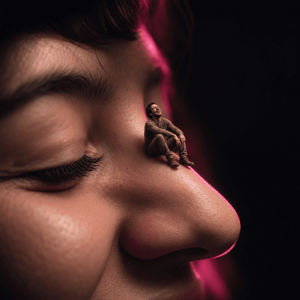 Miniature person sitting and laughing on the bridge of a nose, soft cinematic studio lighting with strong shadows, deep