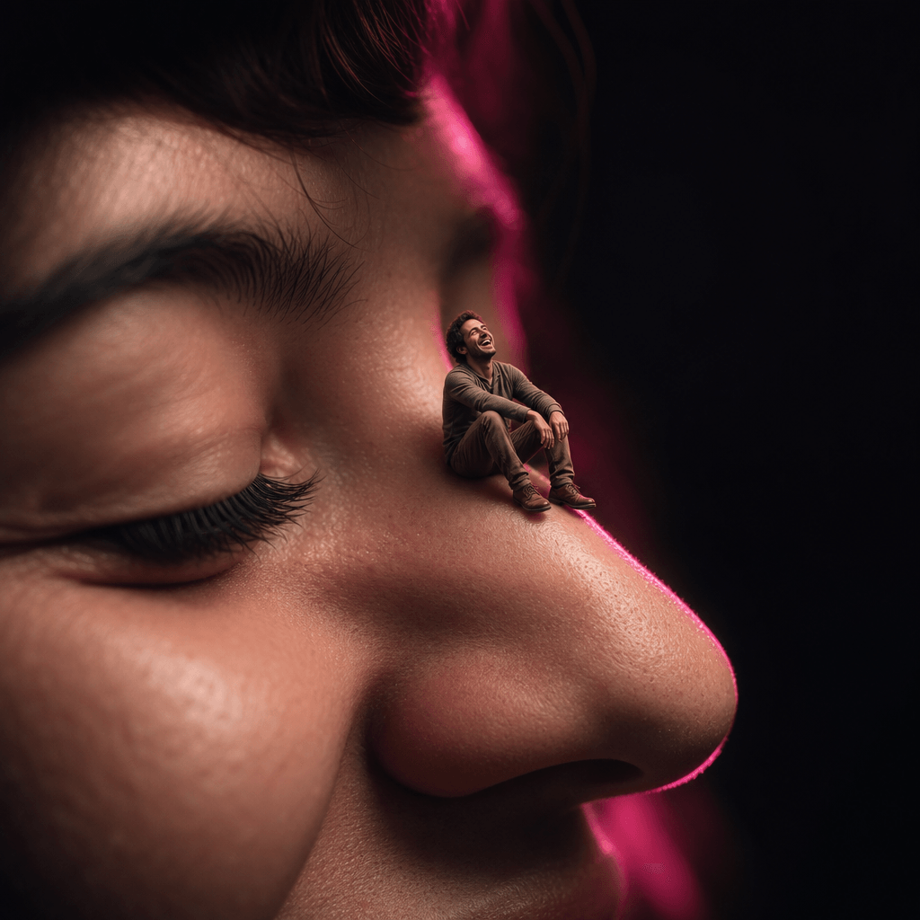 Miniature person sitting and laughing on the bridge of a nose, soft cinematic studio lighting with strong shadows, deep