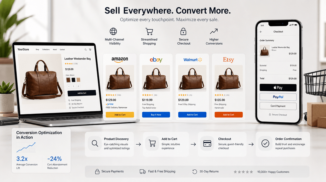 Products displayed on multiple online marketplace platforms, shopping carts and purchase flows implied, ecommerce enviro