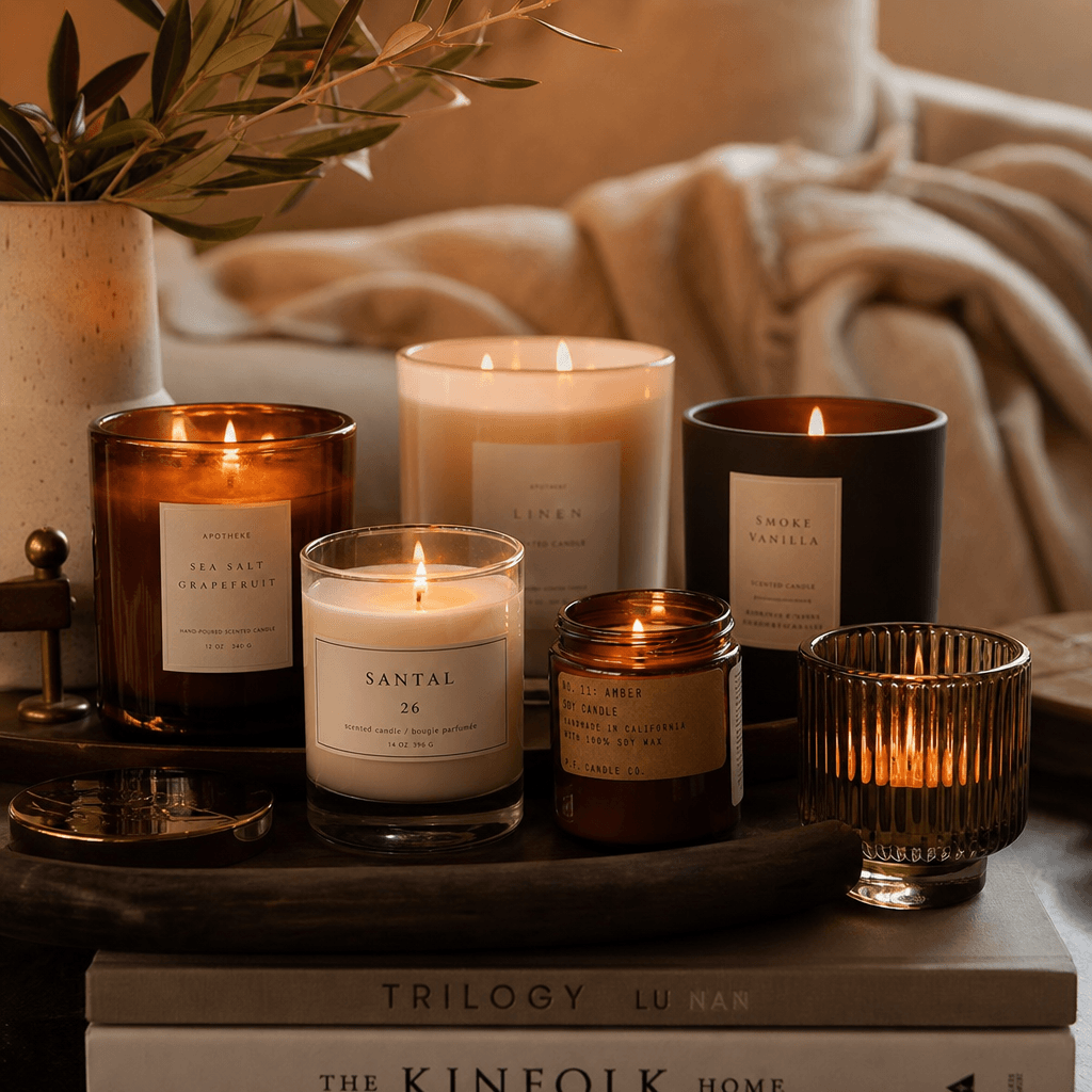 Multiple scented candles arranged with hand-lit warmth, cozy home aesthetic, editorial lighting, luxury home-decor styli