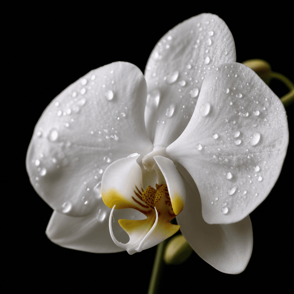 Dramatic macro close-up of a single white orchid bloom on a pure black background, dewdrops on waxy petals, ultra-shallo