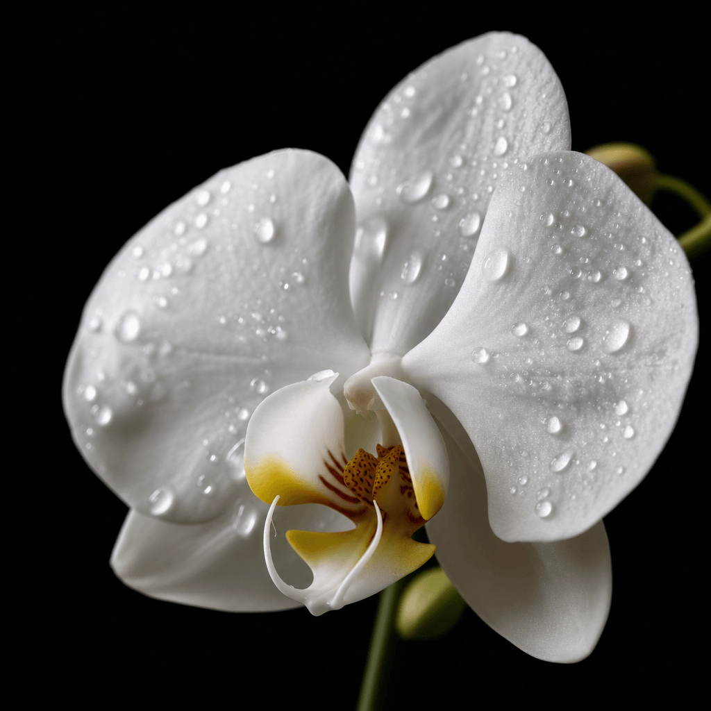Dramatic macro close-up of a single white orchid bloom on a pure black background, dewdrops on waxy petals, ultra-shallo