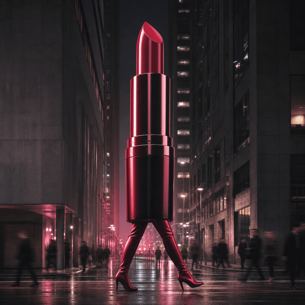 An oversized crimson lipstick walking like a mobile advertising monument between dark concrete buildings, surrounded by
