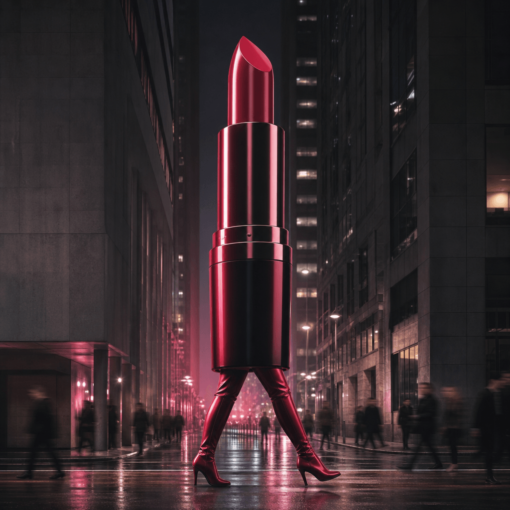 An oversized crimson lipstick walking like a mobile advertising monument between dark concrete buildings, surrounded by