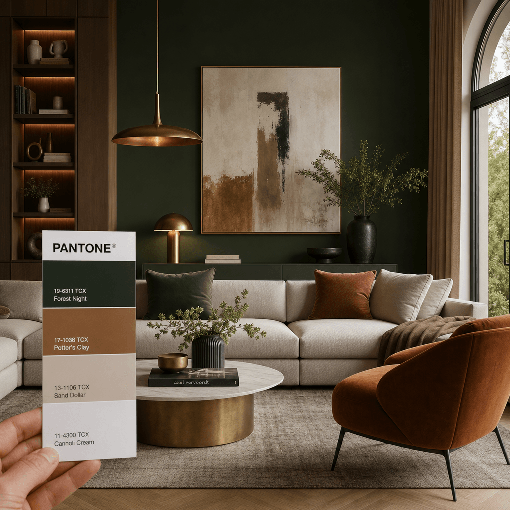 Modern interior room with sophisticated Pantone-coordinated color palette, professional furniture and styling, luxury de