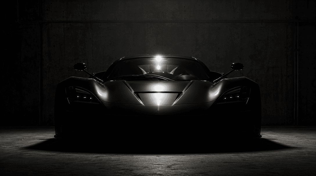 A black hypercar at rest inside a dark concrete warehouse, a single hard industrial overhead light casting a tight oval