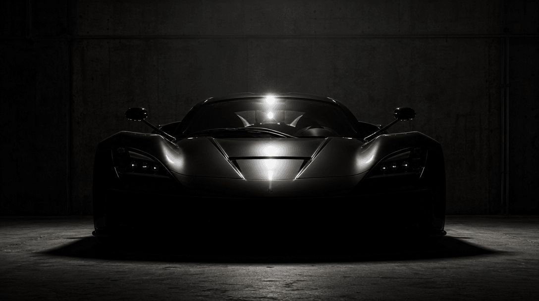 A black hypercar at rest inside a dark concrete warehouse, a single hard industrial overhead light casting a tight oval