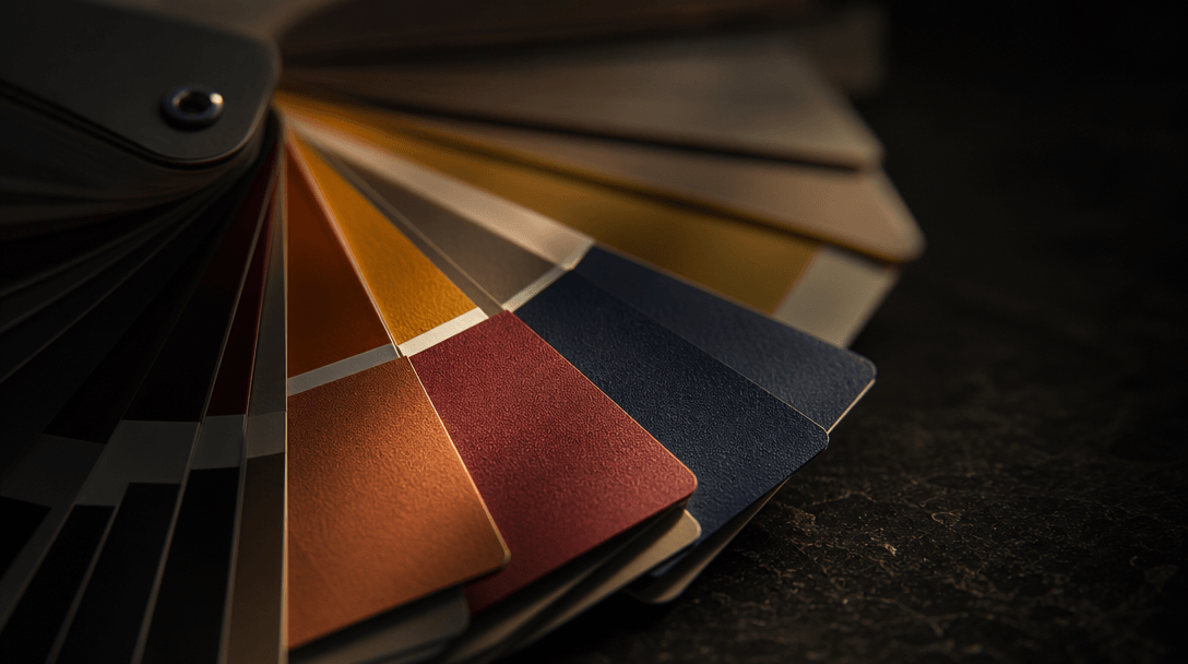Abstract close-up of a Pantone color fan spread open on a very dark surface, individual color chips catching warm direct