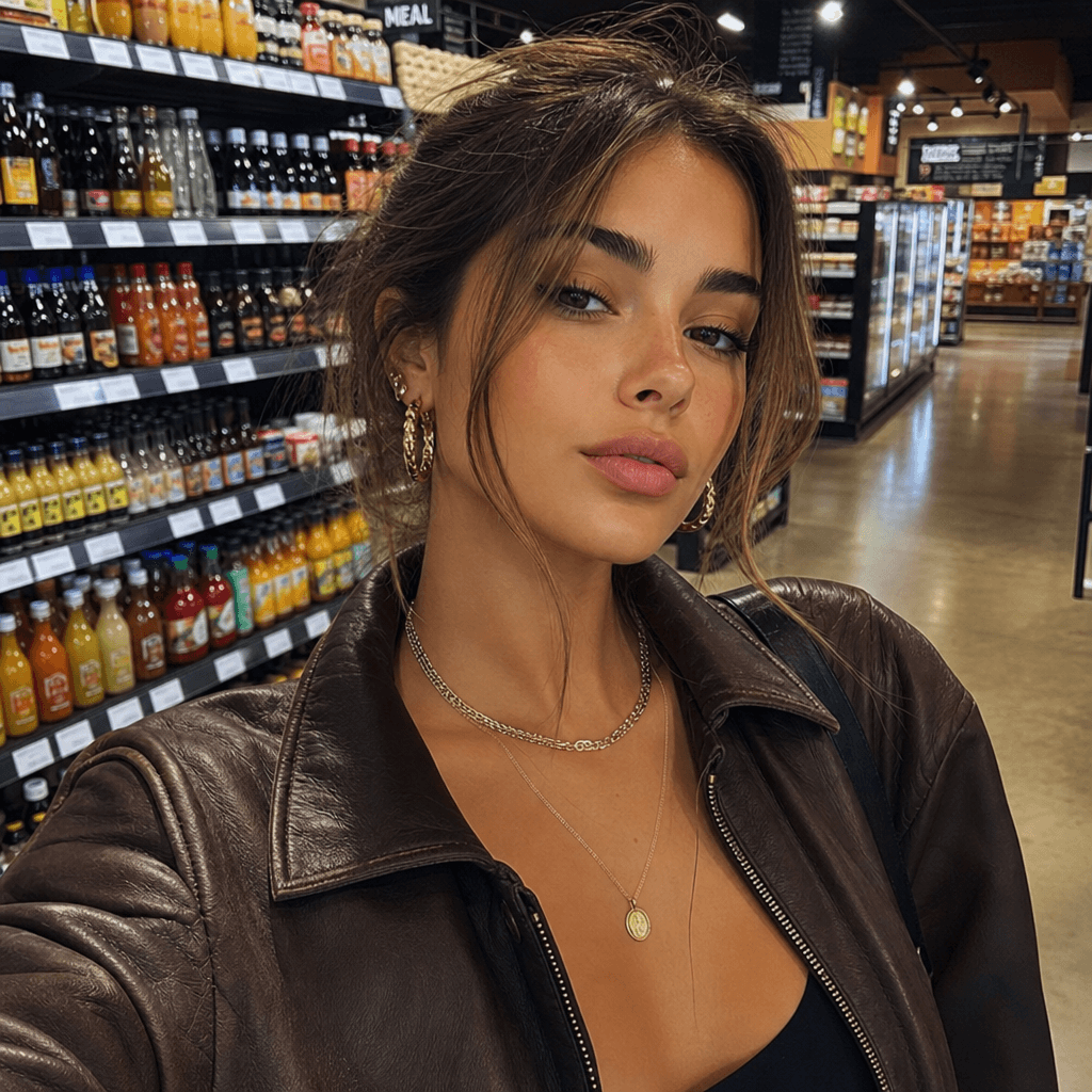 Selfie-style portrait with supermarket shelves in soft focus background, fashion focus, warm retail lighting, urban aest
