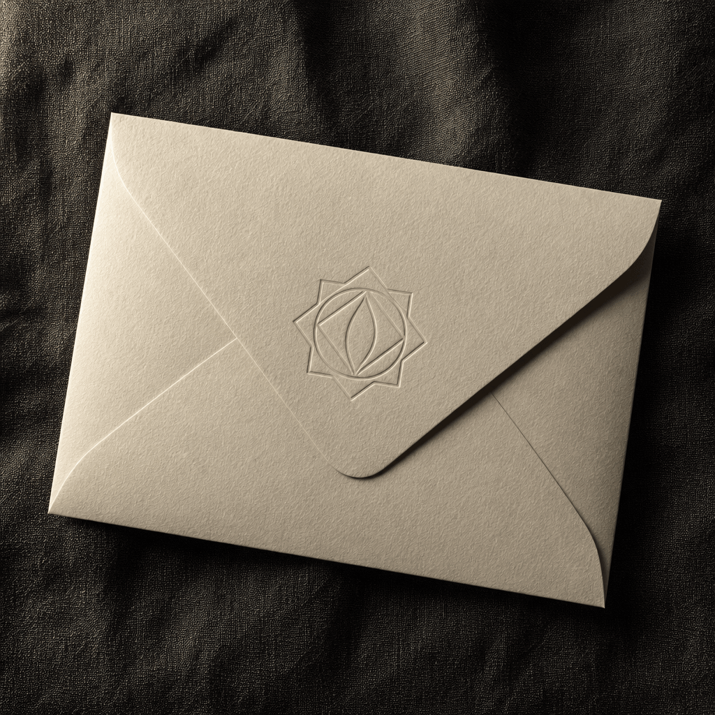 Overhead flat-lay of an elegant cream envelope on a dark textured linen surface with a clean geometric brand mark emboss