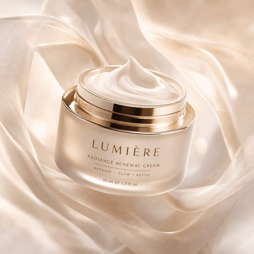Showcase a skincare cream jar floating in a gentle veil, with soft lighting highlighting its luxurious design and inviti