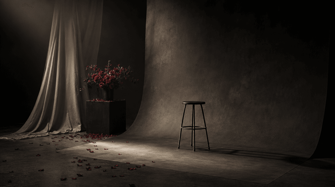A sophisticated studio environment built from charcoal paper sweeps, a simple metal stool, soft cream fabric, and scatte