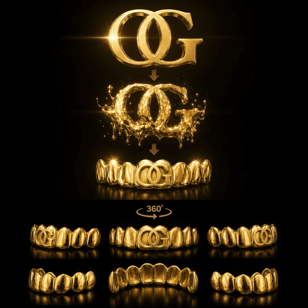 Animated brand logo transforming into shiny gold grillz with 360-degree rotation. Bright shine effects and metallic glea