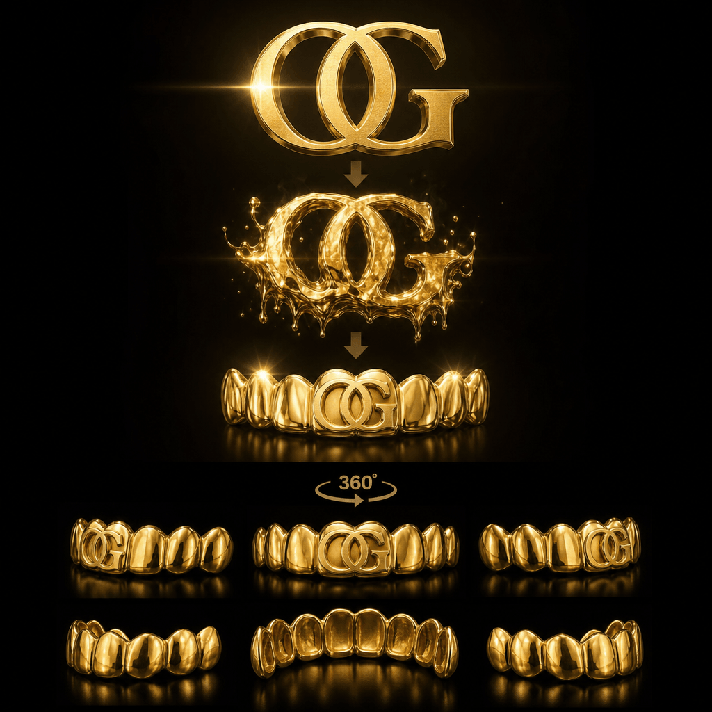 Animated brand logo transforming into shiny gold grillz with 360-degree rotation. Bright shine effects and metallic glea