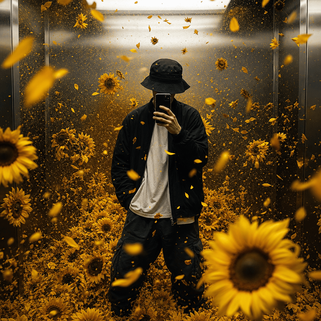 A playful streetwear elevator selfie transformed by a bright explosion of sunflowers, floating petals and warm dust part