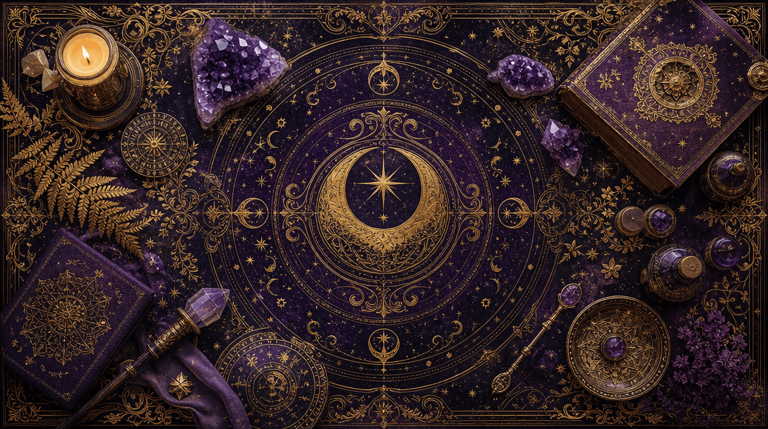 Ornate gold leaf and mystical patterns, celestial and spiritual textures, deep purple and gold color palette, detailed d