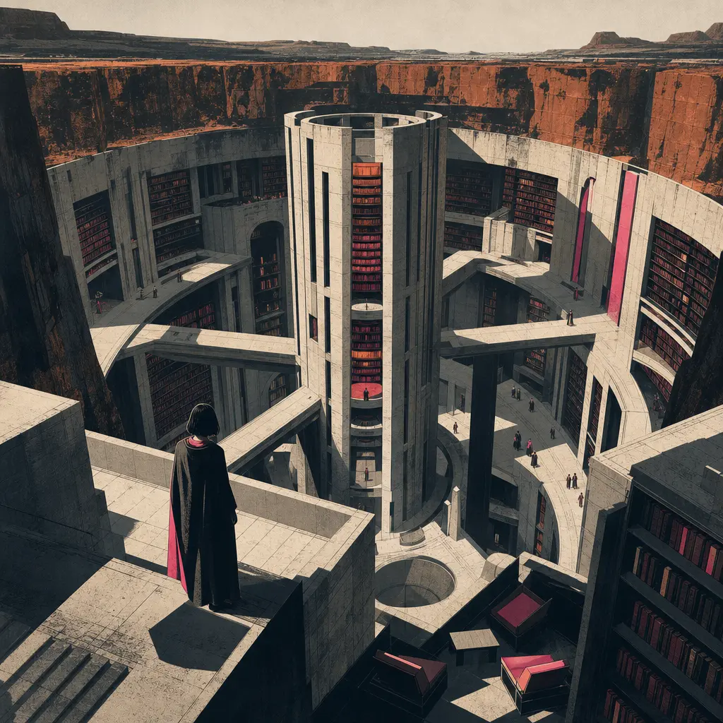 A bold graphic illustration of a futuristic library built inside a vast circular canyon, sharp architectural forms, limi