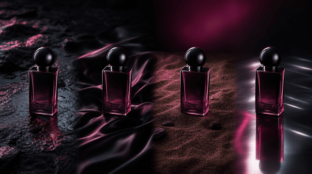 A single minimalist fragrance bottle repeated as four distinct atmospheric variations across one seamless dark studio la