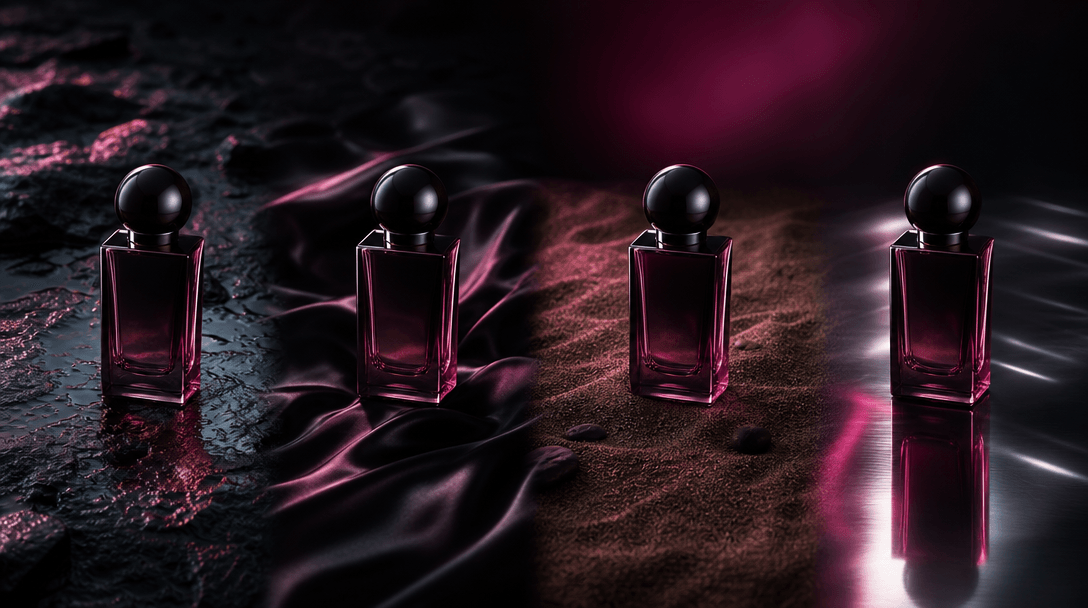 A single minimalist fragrance bottle repeated as four distinct atmospheric variations across one seamless dark studio la