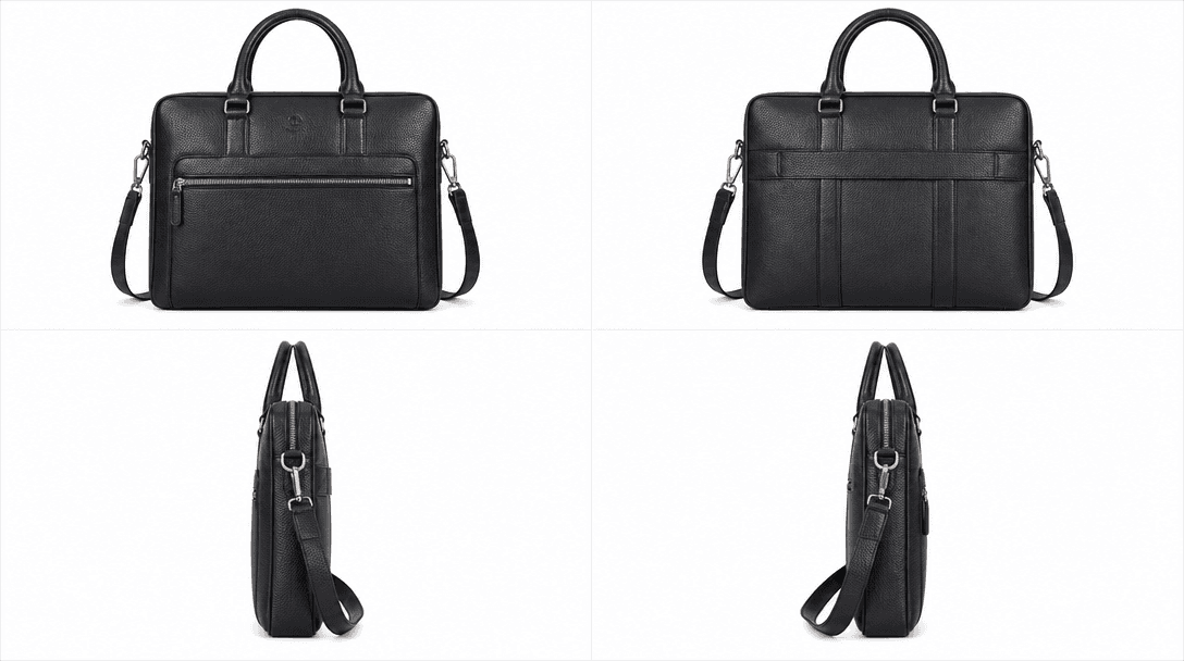 Same product photographed from four distinct angles arranged in clean two-by-two grid layout, studio key lighting on eac