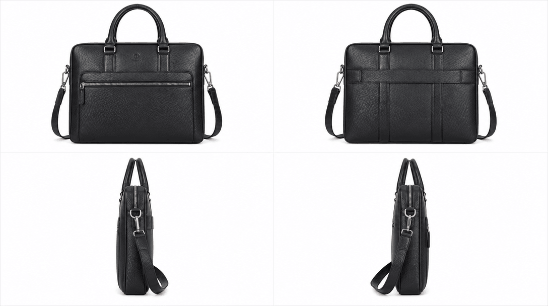 Same product photographed from four distinct angles arranged in clean two-by-two grid layout, studio key lighting on eac