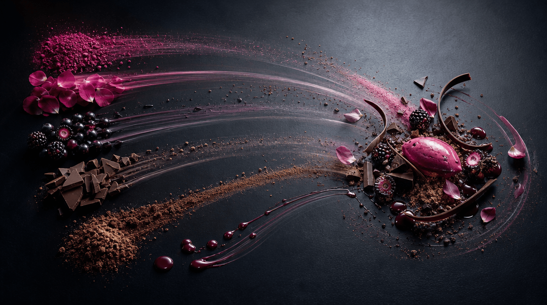 A sequence of ingredients moving across a dark preparation table from separate clusters into one precise sculptural arra