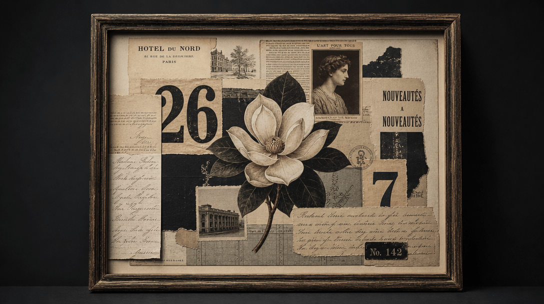 Studio lighting on vintage collage artwork, clean professional editorial style, sharp focus on composition, refined dark