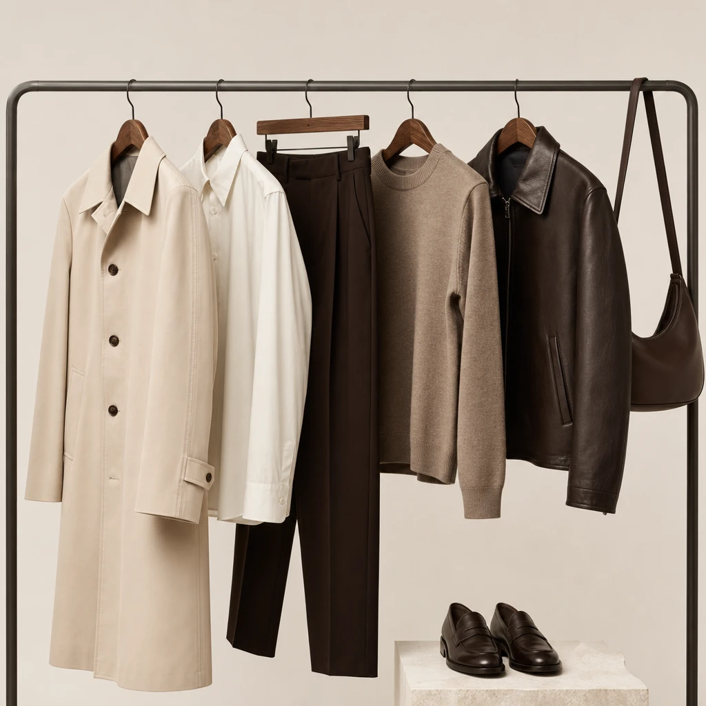 Minimal rail with styled outfit pieces, modern aesthetic, clean background, professional product lighting, fashion brand