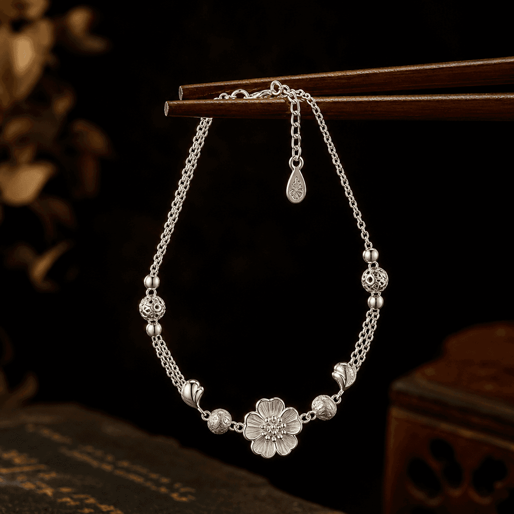 Silver bracelet suspended gracefully between chopsticks, dark elegant background, ambient warm lighting, fine jewelry ae