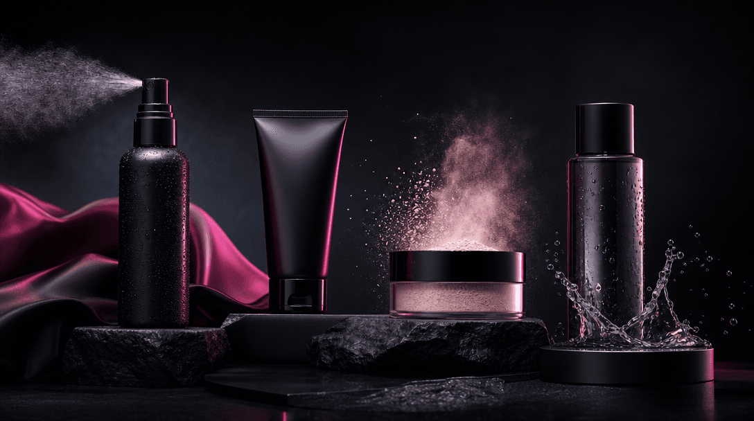 Four coordinated unbranded beauty products arranged as a campaign family across connected dark platforms, each with a di