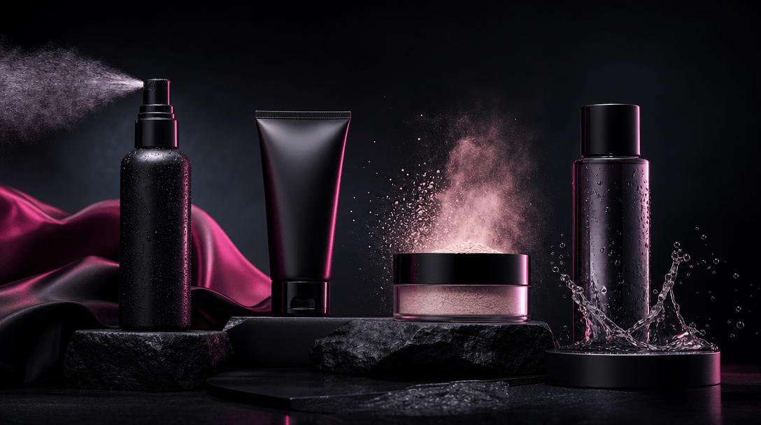 Four coordinated unbranded beauty products arranged as a campaign family across connected dark platforms, each with a di