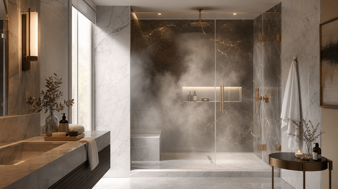 Luxury marble bathroom interior with glass shower enclosure, warm diffused steam rising, soft window light, premium tile