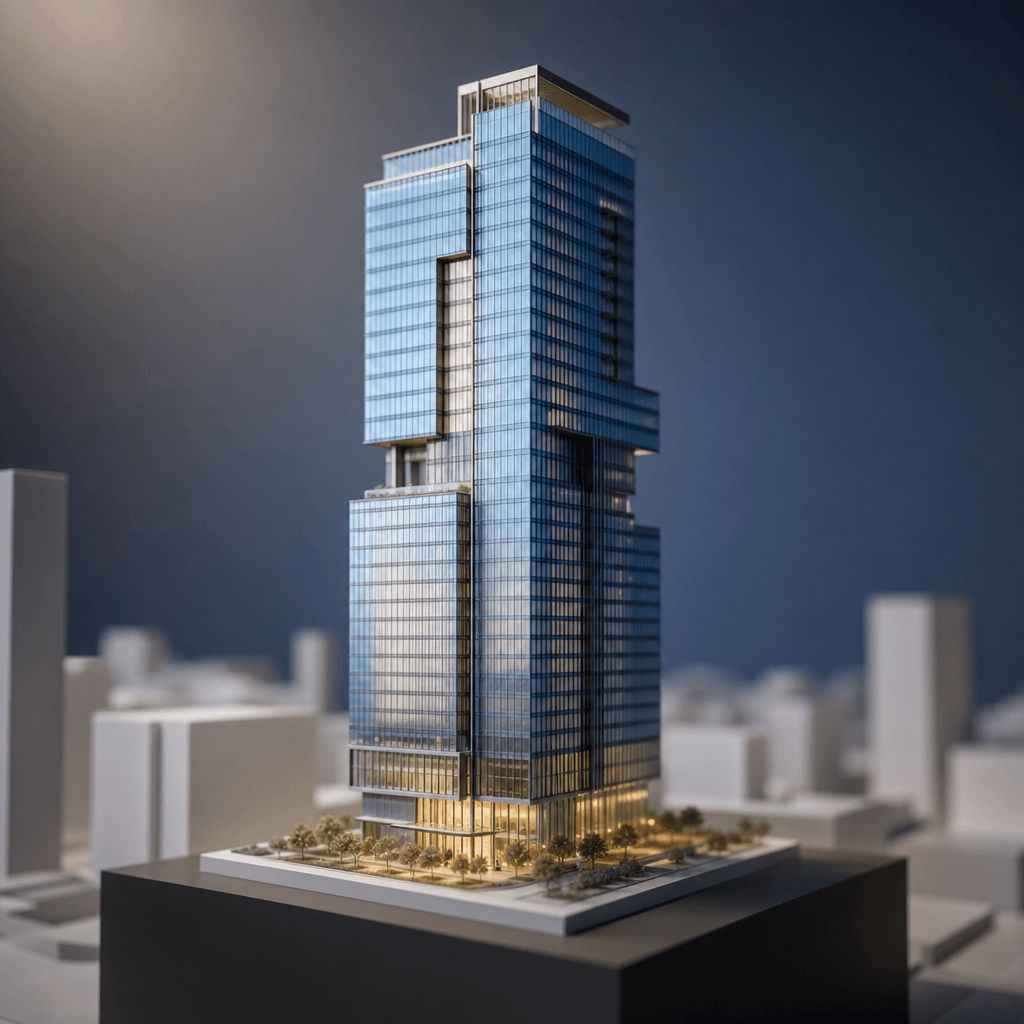 A contemporary glass-and-steel skyscraper rendered as a flawless architectural scale model on a dark matte plinth. Tilt-