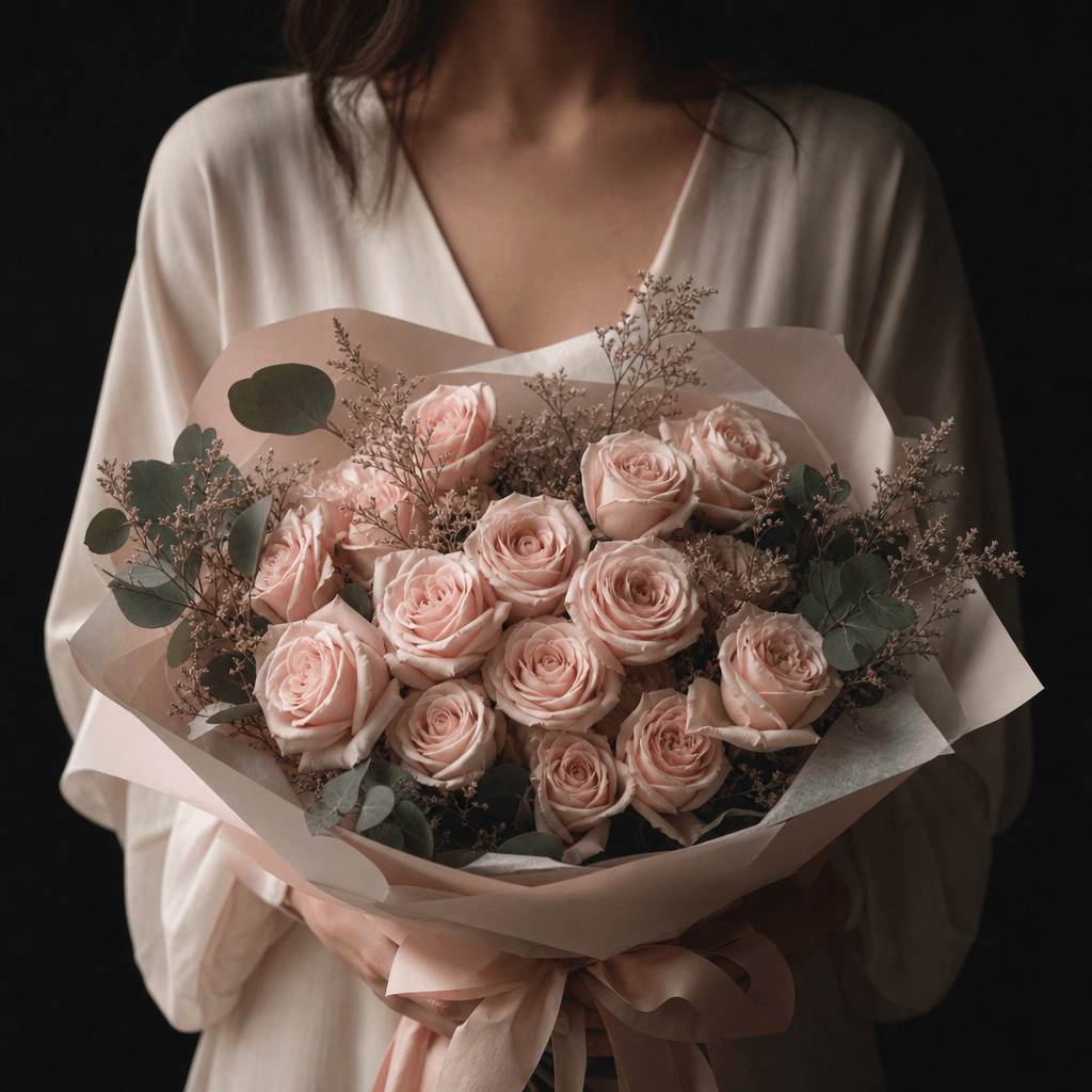 A romantic blush-pink rose bouquet presented by an anonymous model in a minimal dark studio, relaxed shoulders and natur