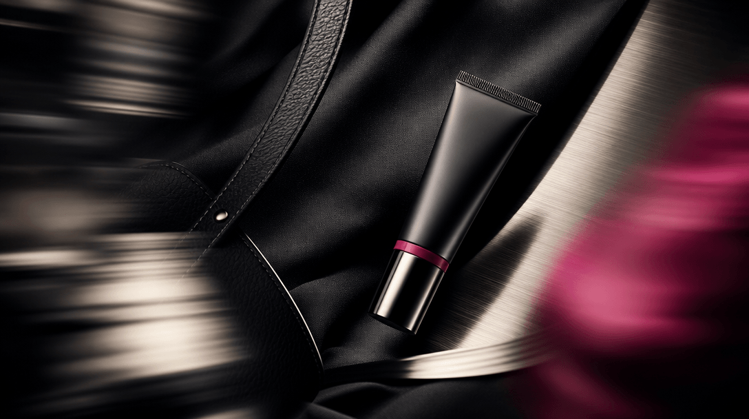 A compact cosmetic tube moving through an abstract travel-inspired arrangement of dark fabric folds, brushed metal, and