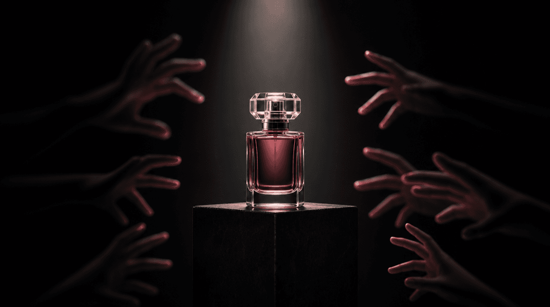 A single premium product glowing under a narrow spotlight while multiple blurred hands reach toward it from surrounding