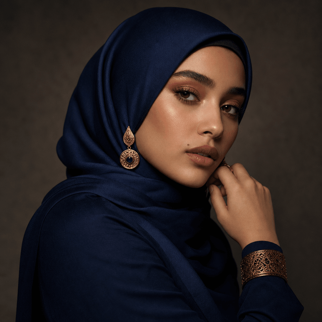 Close-up editorial portrait of elegant modest styling with deep blue hijab and gold-toned jewelry, soft warm studio ligh