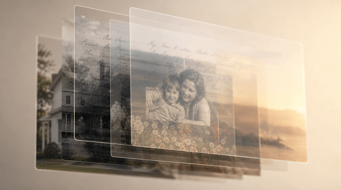 Abstract layered photos concept: stacked transparent image layers with soft depth of field, warm institutional lighting,