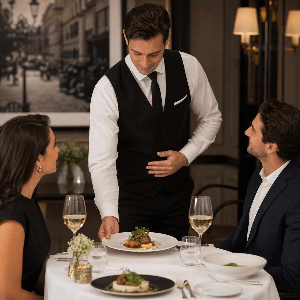 Server serving multi-course meal at elegant bistro table. Soft studio lighting, refined tableware, professional hand pos