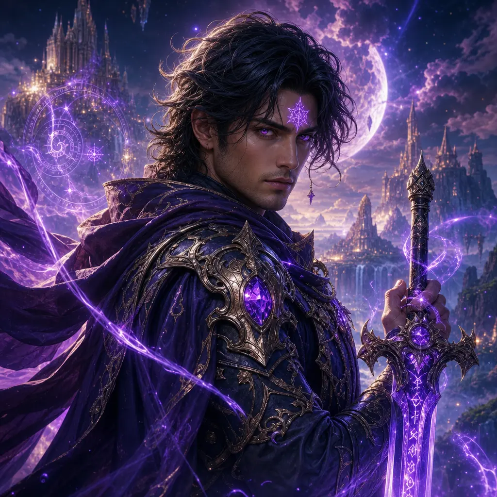 A fantasy warrior portrait featuring a character with a mystical aura, surrounded by magical elements and a vibrant back