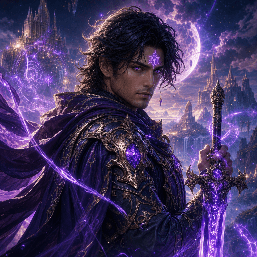 A fantasy warrior portrait featuring a character with a mystical aura, surrounded by magical elements and a vibrant back