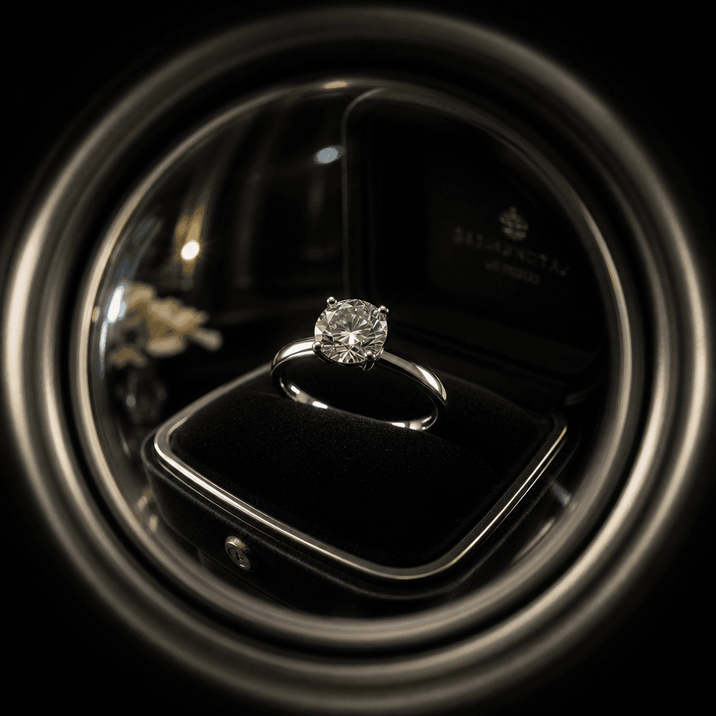 Diamond engagement ring seen through circular fisheye peephole frame, dark moody background, studio lighting catching ri