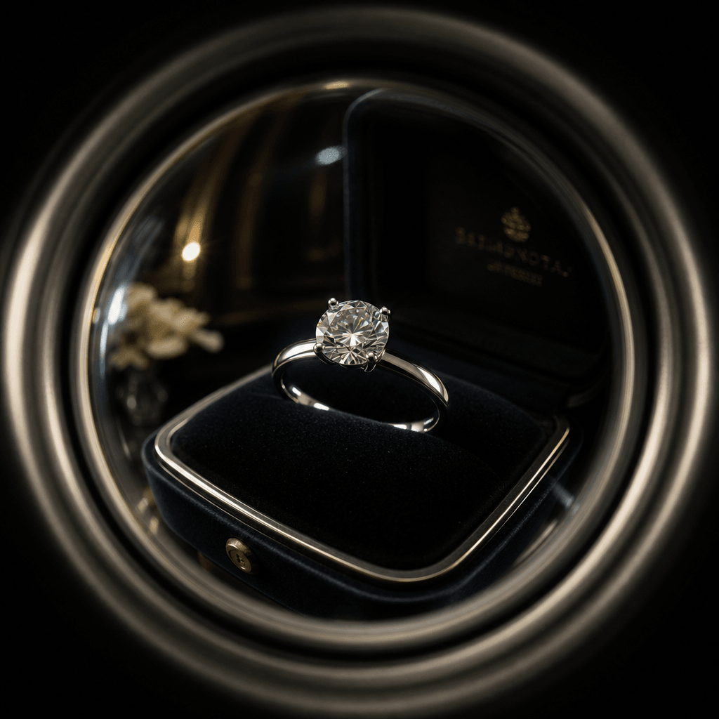 Diamond engagement ring seen through circular fisheye peephole frame, dark moody background, studio lighting catching ri