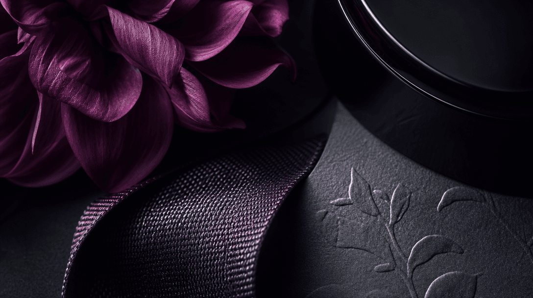 Extreme macro landscape of flower petals, woven ribbon, embossed paper, and a glossy product surface arranged in distinc